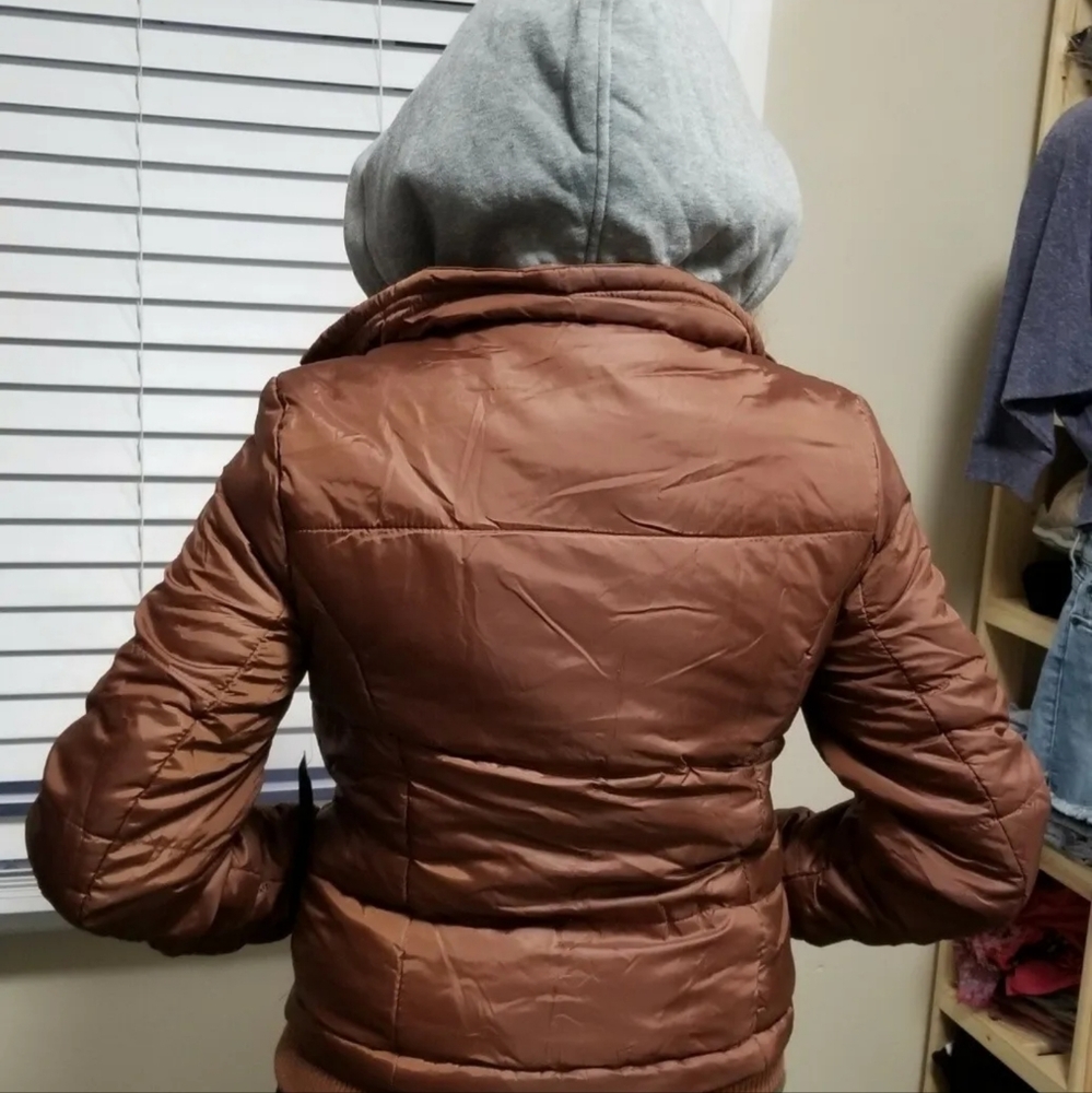 Women's junior brown jacket Size Medium hood gray - Picture 2 of 5
